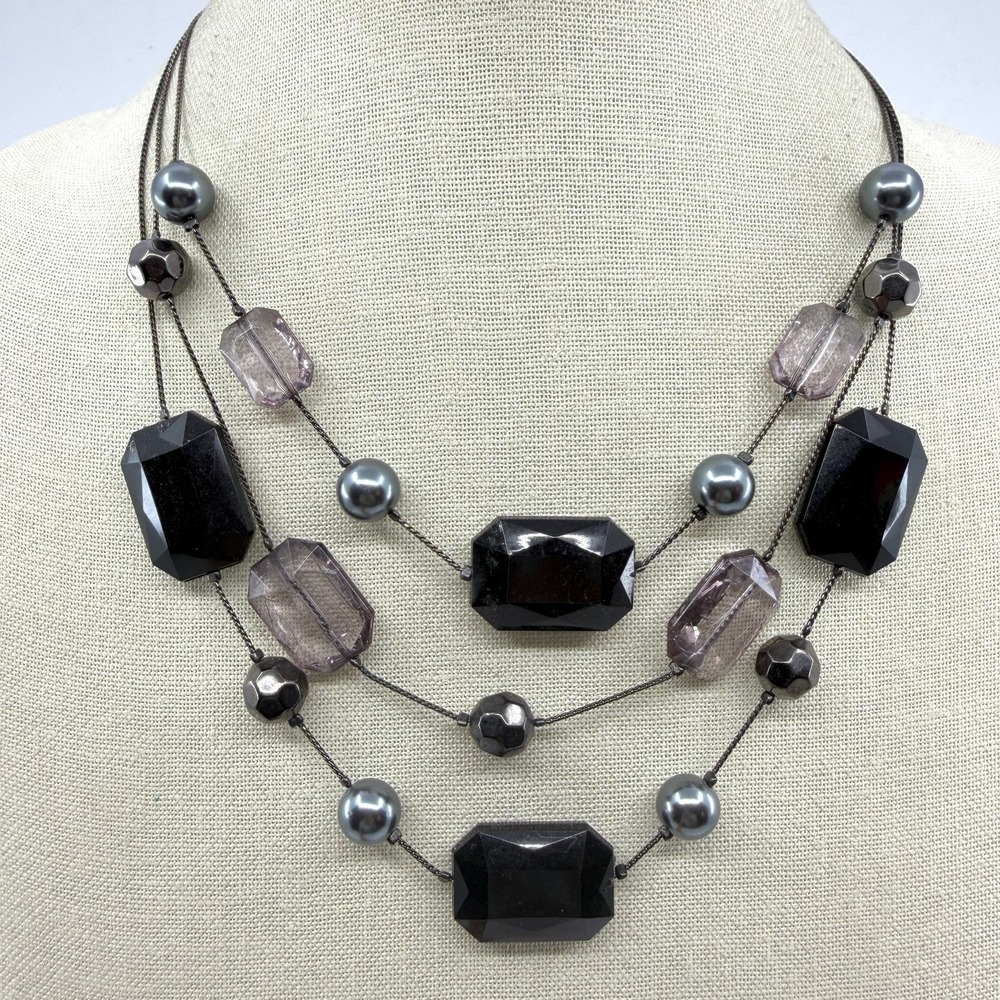 Multi-Strand Statement Necklace Black Grey Bead Layered Boho Gothic Jewelry Gift
